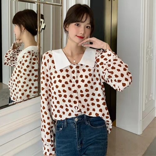 Spring new shirt Korean style contrast color large lapel design feeling versatile long sleeve blouse