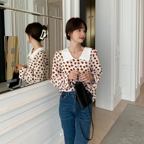 Spring new shirt Korean style contrast color large lapel design feeling versatile long sleeve blouse