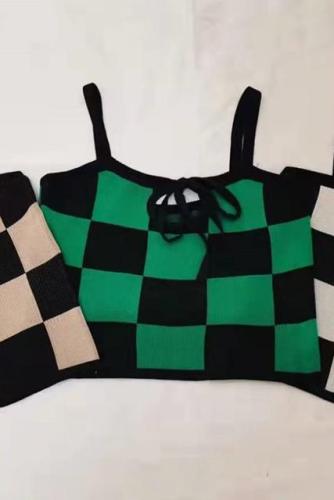 Chessboard short overlapping knitted vest women's summer Korean version slim tight bottomed knitted suspender top