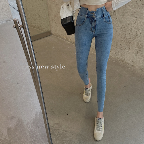 Real price! Korean minority design elastic pants women's high waist slim fit Vintage Jeans trend