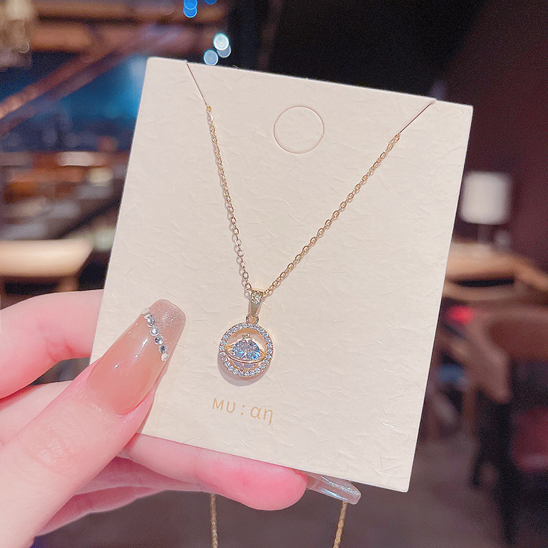 Real shooting Korean version of new design sense planet titanium steel necklace female inlaid large Zircon Pendant clavicle chain