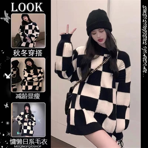 2022 new chessboard plaid sweater women's winter thickened sweater medium long loose soft waxy coat