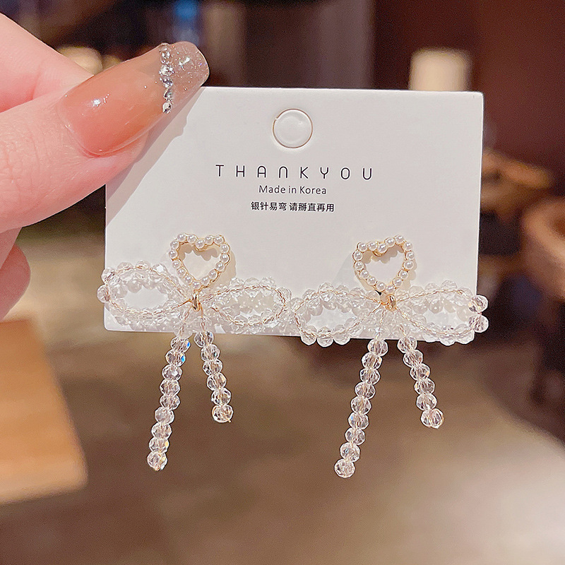 Real shot silver needle net red crystal pearl Bow Earrings wind minority Design Earrings