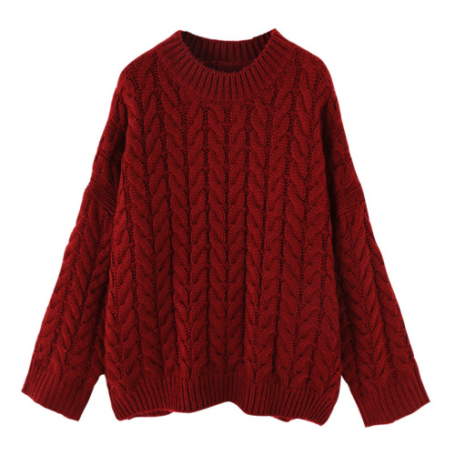 Autumn and winter chelizi red twist sweater for female students loose retro style round neck medium length knitting wear
