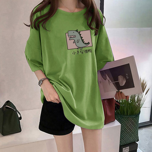 2022 mid long T-shirt women's summer new Korean loose women's cartoon printed student short sleeve women's wear