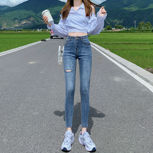 Actual shooting of  spring new small leg pencil jeans women's burr and hole pants