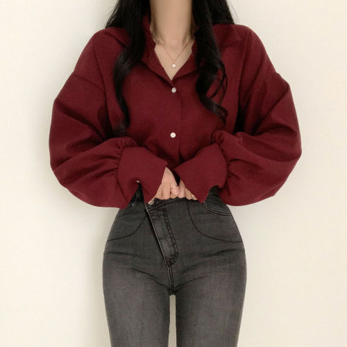 Real shot real price early spring Korean version French temperament bubble sleeve simple solid color shirt top