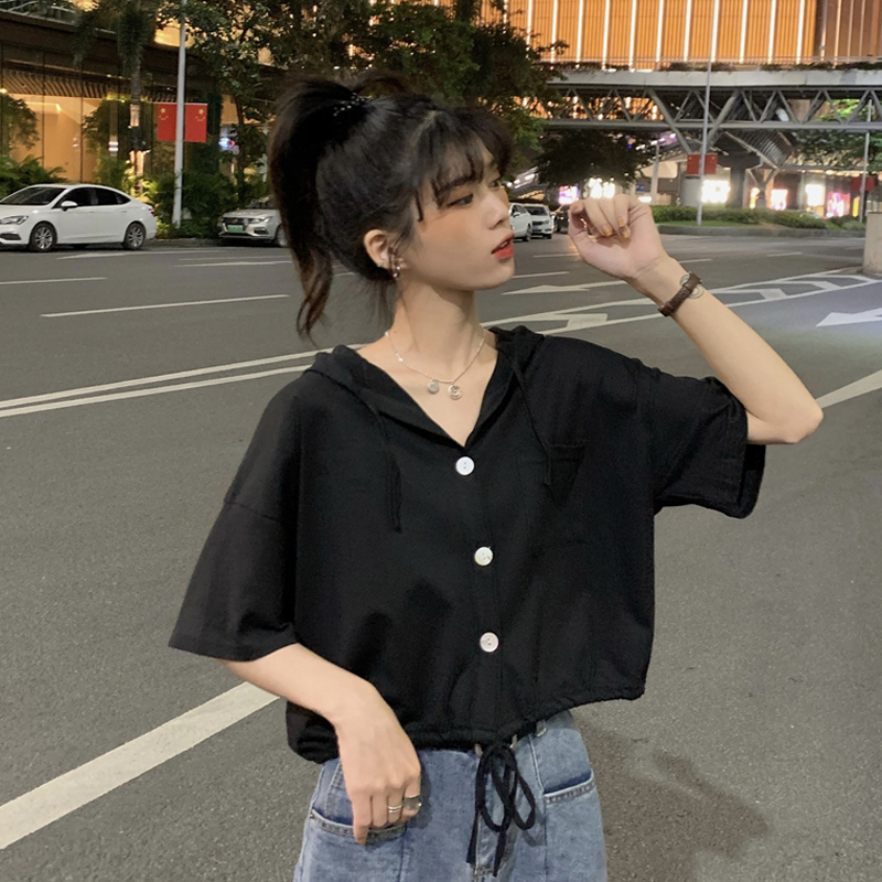 Official figure real price 100% cotton drawstring top women's hood design sense of minority short style loose