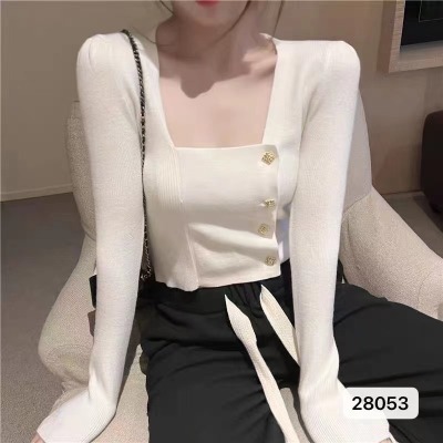 Pure desire for short square neck chic unique top design sense of minority early autumn and winter sweater knitted bottomed shirt women's inner match