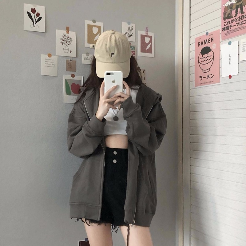 Korean new spring thin coat women's top zipper temperament student Hooded Sweater Jacket cardigan