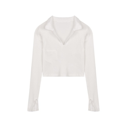 Design sense Lapel top women's spring and autumn  new white tight long sleeve short inner bottom shirt