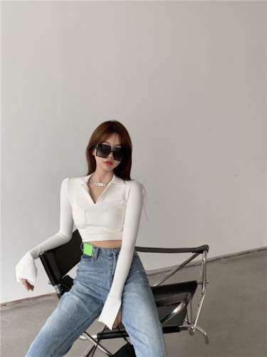 Design sense Lapel top women's spring and autumn  new white tight long sleeve short inner bottom shirt