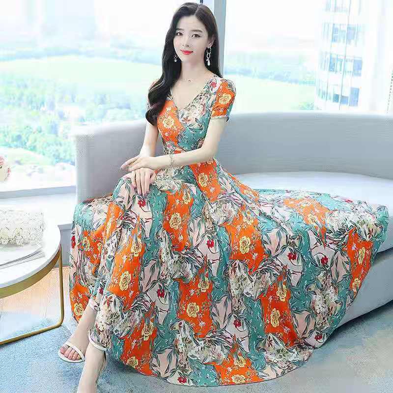 New Floral Chiffon dress women's summer 2022 new long to ankle V-neck slim fit
