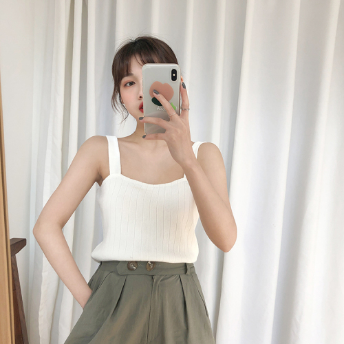 Ice silk knitted suspender with backing short flat top loose Korean Broadband sleeveless vest for women to wear out in summer