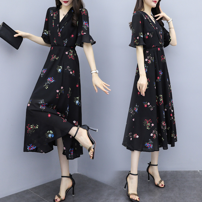 Large women's Floral Chiffon Dress 2022 summer new fat mm belly covering thin knee length skirt