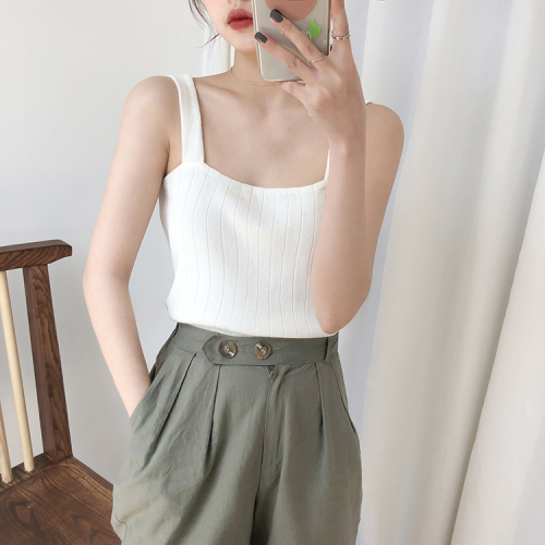 Ice silk knitted suspender with backing short flat top loose Korean Broadband sleeveless vest for women to wear out in summer