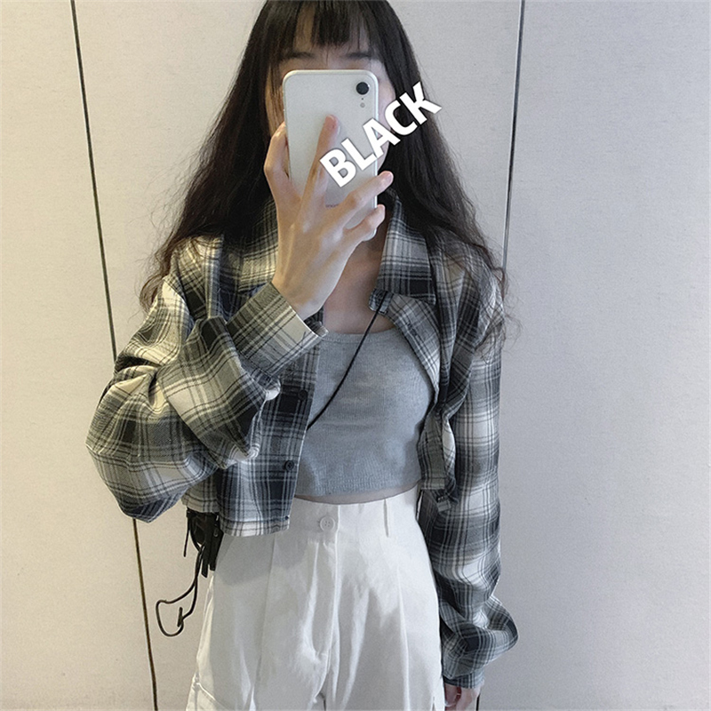 Official figure real price 50 cotton 50 fiber spring shirt women's long sleeve short retro Plaid Shirt