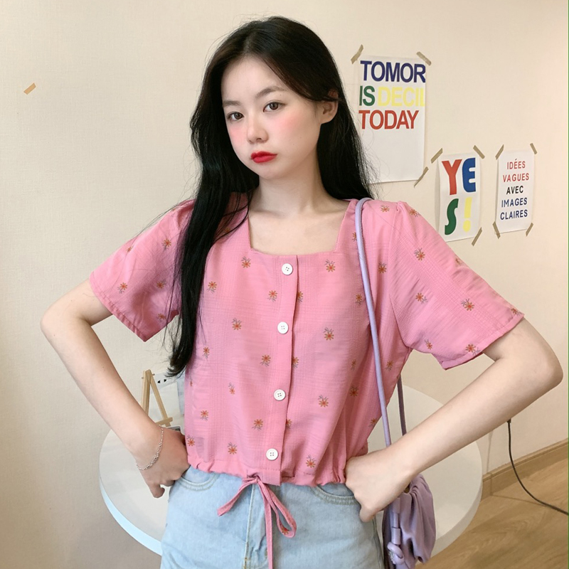 Real price 100% polyester square neck floral top women's short sleeve drawstring short shirt