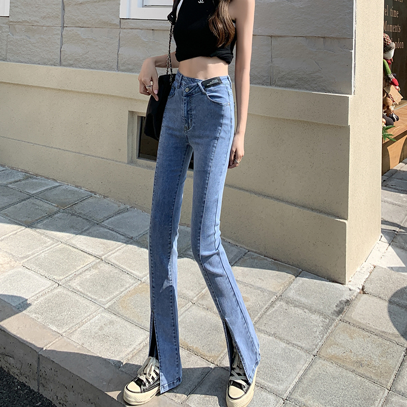 Real shooting high waist split jeans women's spring and autumn 2022 new versatile thin hanging feeling floor dragging horn pants
