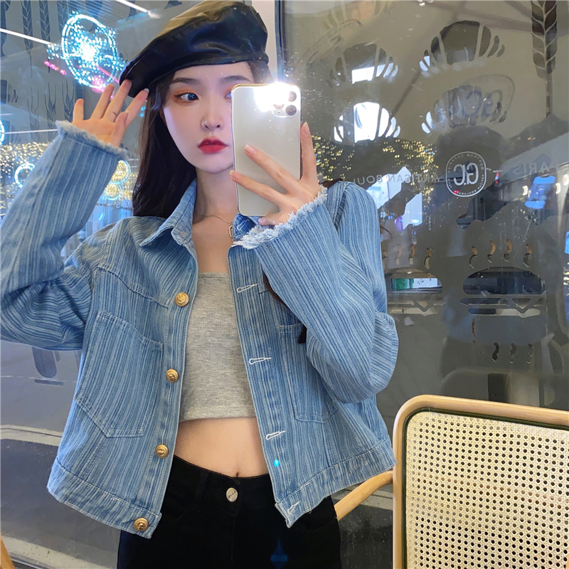 Real shooting Korean version ins WOOL LONG SLEEVE TOP retro Casual Short casual cowboy coat