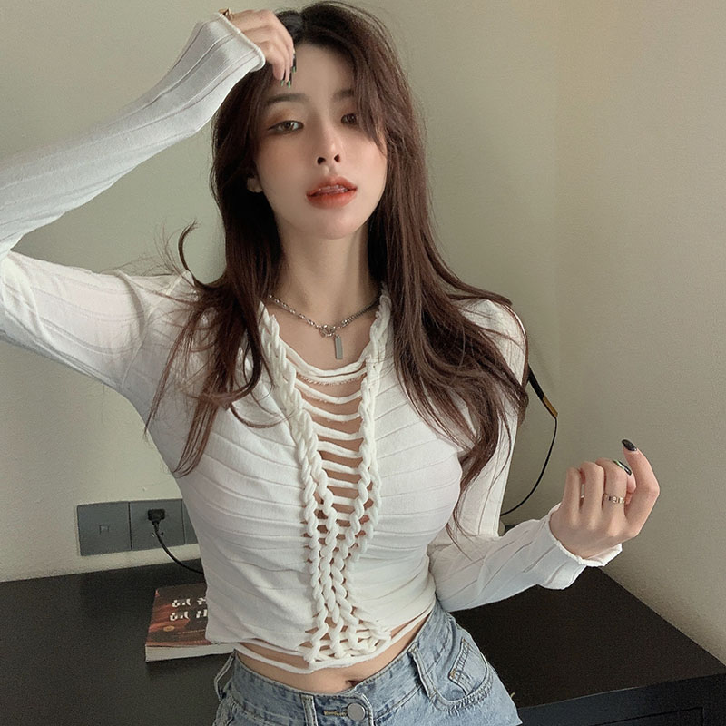 Real price! Careful machine cut-out bandage black sweater women's short high waist long sleeve V-neck top
