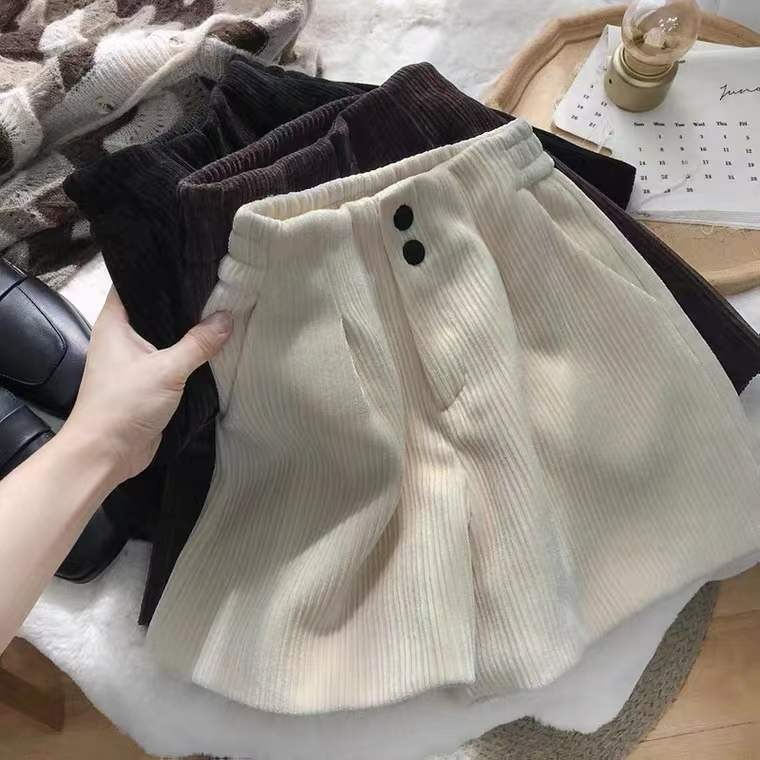 Non real corduroy women's outer wear design feeling high waist versatile straight tube loose double button wide leg shorts