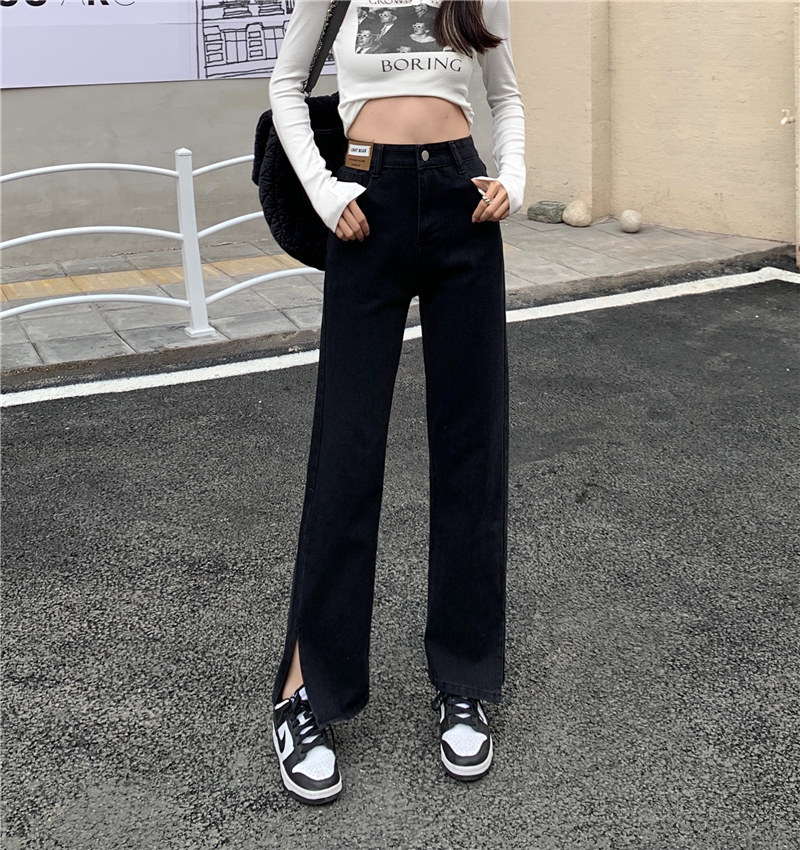 Real shooting high waist black split design floor mop pants early spring Korean cowboy pants women's wide leg pants