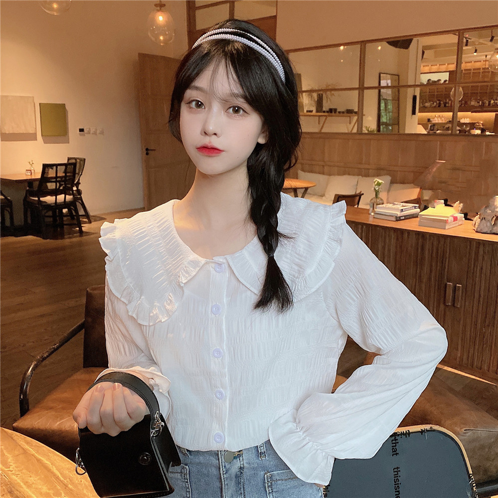Real shot spring French Chiffon bubble long sleeve shirt female design sense minority white bottomed top