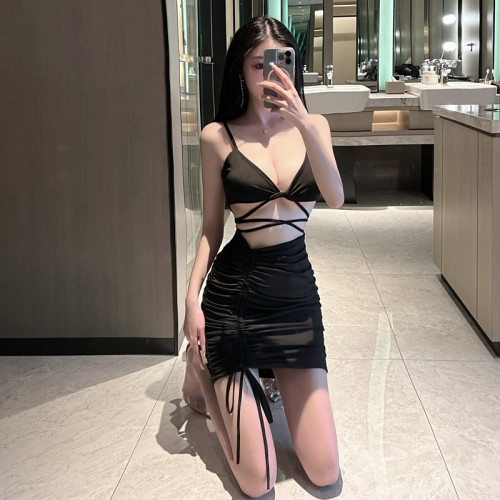 Real shooting sexy nightclub bandage hollow tight suspender hip slim fitting dark Department dress female