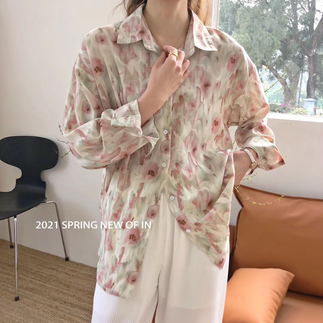 Early spring new retro harbor pink halo printed shirt Korean loose arc sunscreen lining