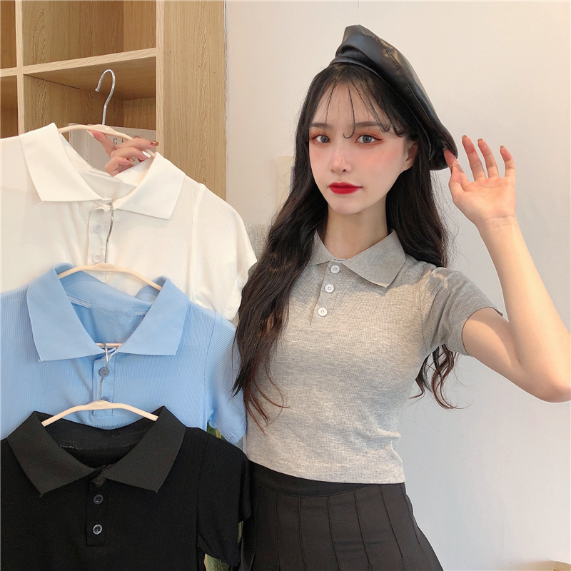 Real shot Polo Shirt Short Sleeve T-Shirt women's high waist short design