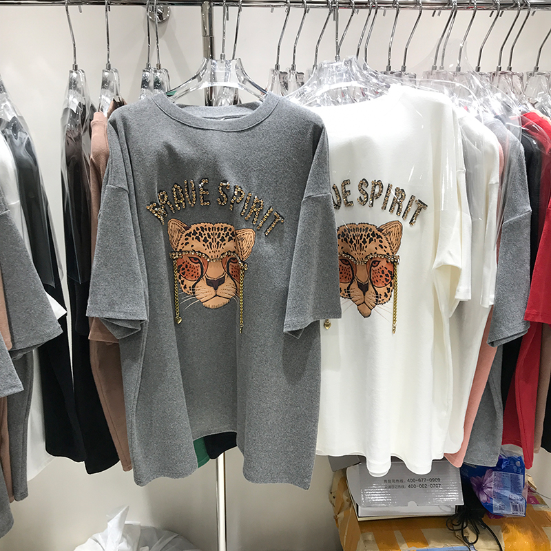 Diamond studded ground wool cotton heavy industry letter nail bead glasses tiger short sleeve T-shirt backing