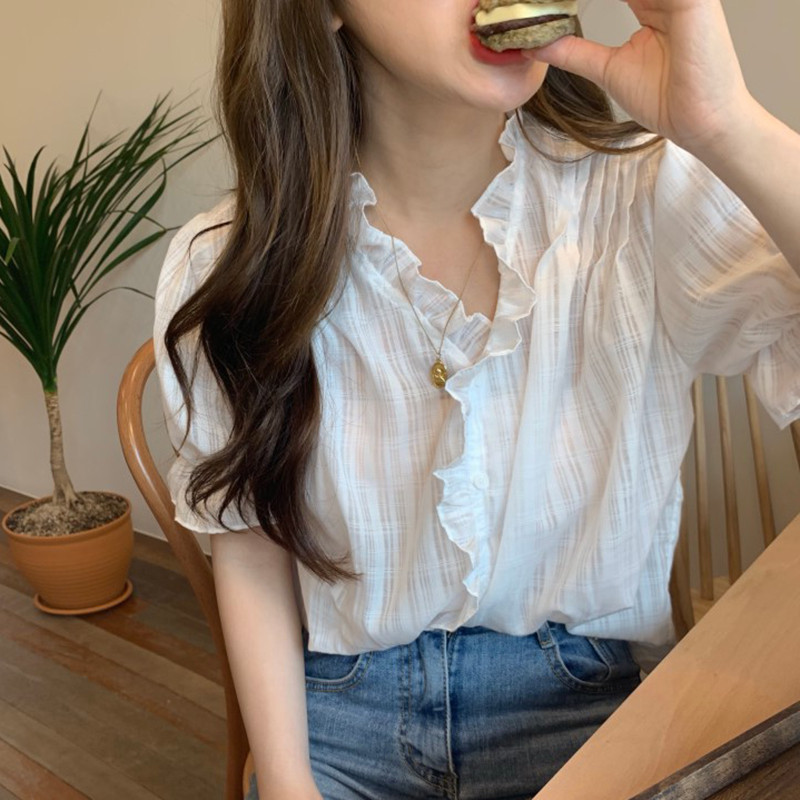 High quality Korean chic small fresh and sweet V-neck fungus edge hollowed out single breasted loose thin bubble sleeve