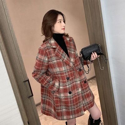 Plaid Wool Coat women's middle and long autumn and winter 2021 new Korean popular suit collar thickened wool