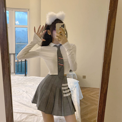 Real sweet college style early spring JK uniform tie Long Sleeve T-Shirt Top Women's high waist versatile skirt three piece set