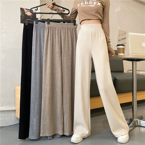 Real shooting Korean version of the new pit strip loose High Waist Wide Leg casual mops solid color versatile straight pants