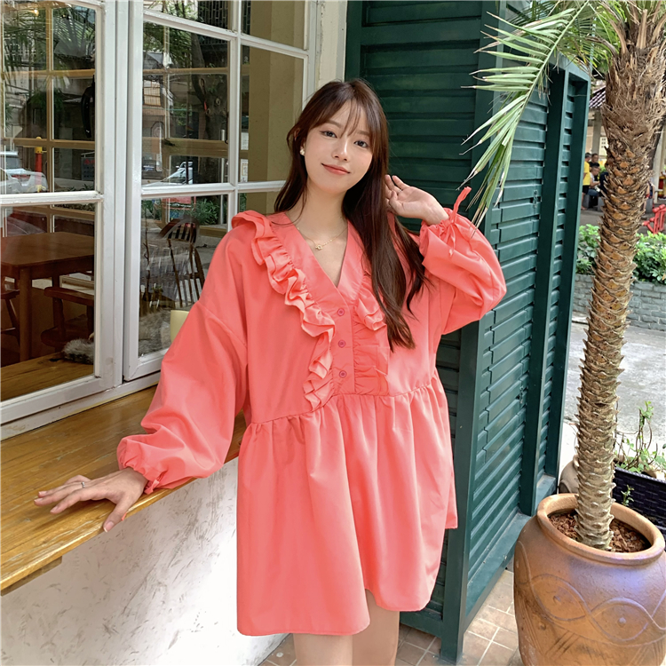 Real price early spring French girl shirt skirt sweet Ruffle middle and long doll skirt dress