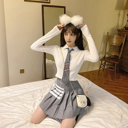 Real sweet college style early spring JK uniform tie Long Sleeve T-Shirt Top Women's high waist versatile skirt three piece set