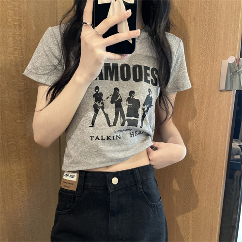 Real price real shot grey lettered print age reducing top loose women's short open navel short sleeve T-shirt