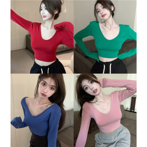 Real shot 2022 early spring V-neck shoulder pad high waist short exposed navel basic T-shirt, two bottoms at the front and back