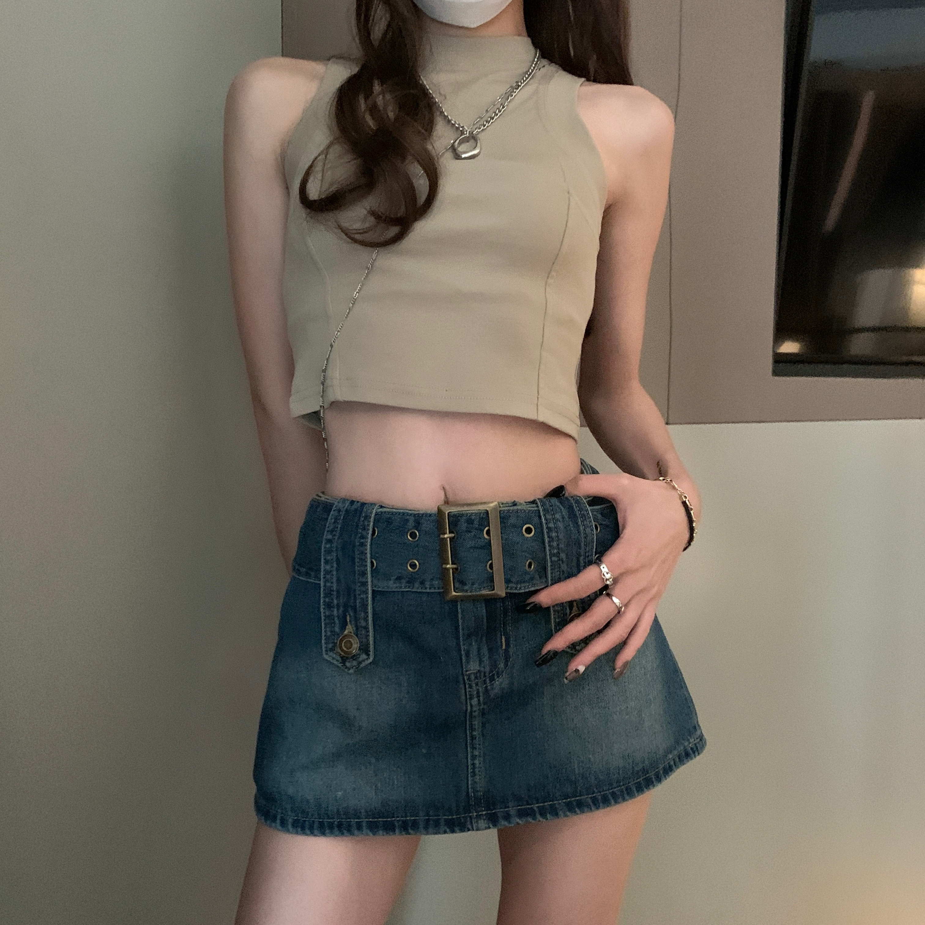 Real price sweet cool Spice Girl retro thin high waist denim skirt and pants