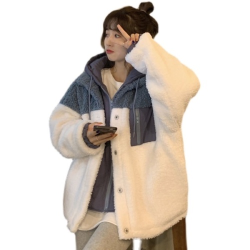 Winter cotton clothes female Korean students loose large imitation lamb wool splicing fake two-piece hooded thickened cotton coat coat