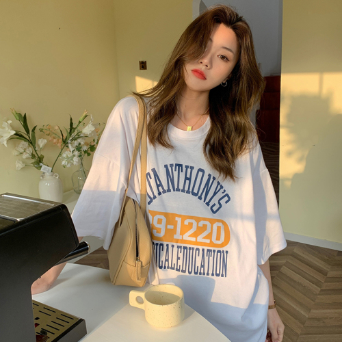 Real shooting of 2022 summer Korean new medium and long loose letter printed short sleeve T-shirt for women