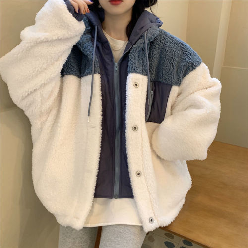 Winter cotton clothes female Korean students loose large imitation lamb wool splicing fake two-piece hooded thickened cotton coat coat
