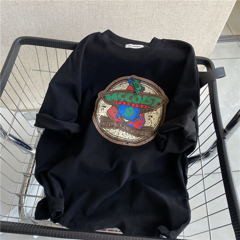 Oversize brushed cotton used print short sleeve T-shirt