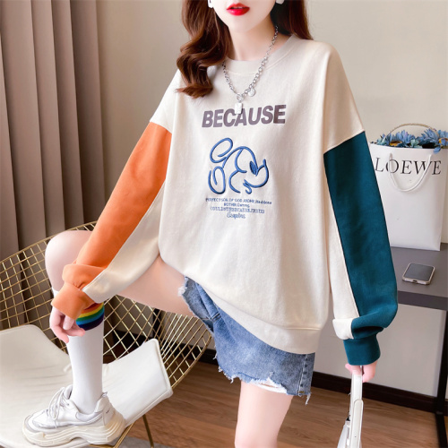 Actual shooting - spring Korean loose embroidery Mickey splicing and color inserting large women's wear thin women's sweater