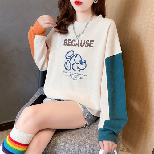 Actual shooting - spring Korean loose embroidery Mickey splicing and color inserting large women's wear thin women's sweater