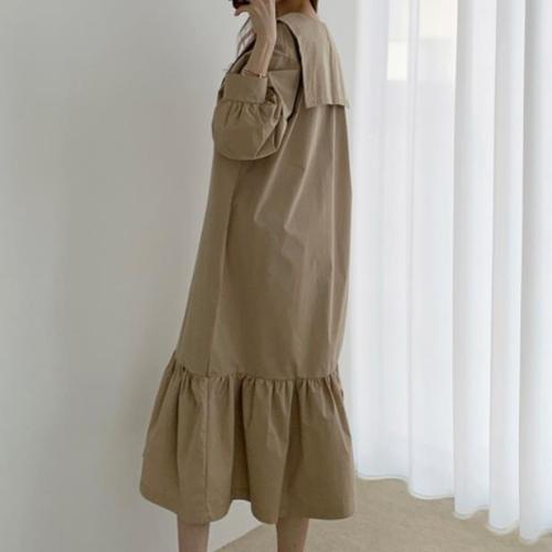 Korean autumn minority retro bright line Navy collar loose cover meat show thin long Lantern Sleeve Dress women