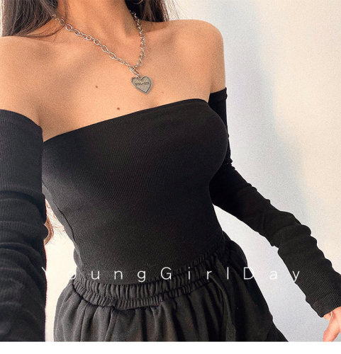 One shoulder Strapless sexy European and American Spice Girls T-shirt women's wear early autumn short off shoulder tight inner Long Sleeve Jacket