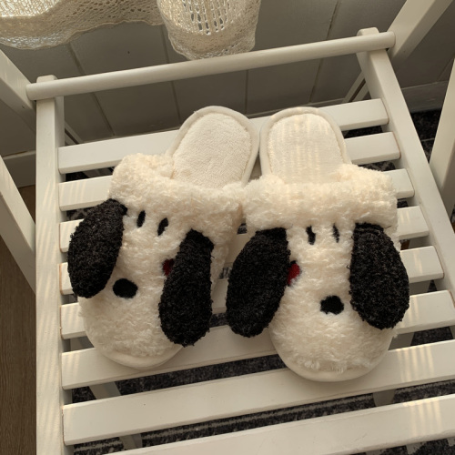 Real price cute cartoon dog smiling face plush slippers women wear autumn and winter shoes and home flat shoes